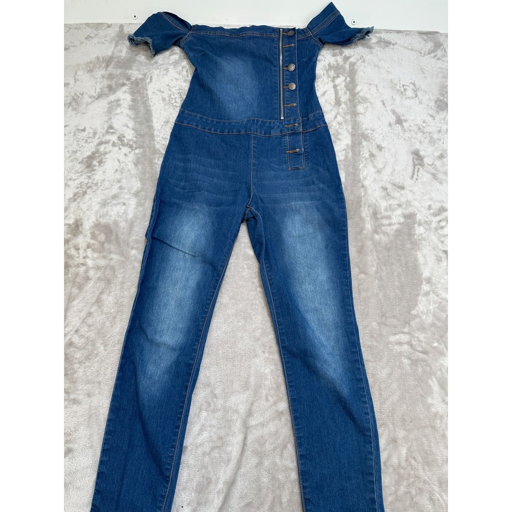 VIP Jeans Denim Jumper Size 7/8 Blue Buttons Off Shoulder Back Pocket EUC